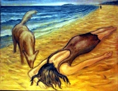 DOG WITH WOMAN ON BEACH