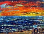 boy by the sea with orange sky